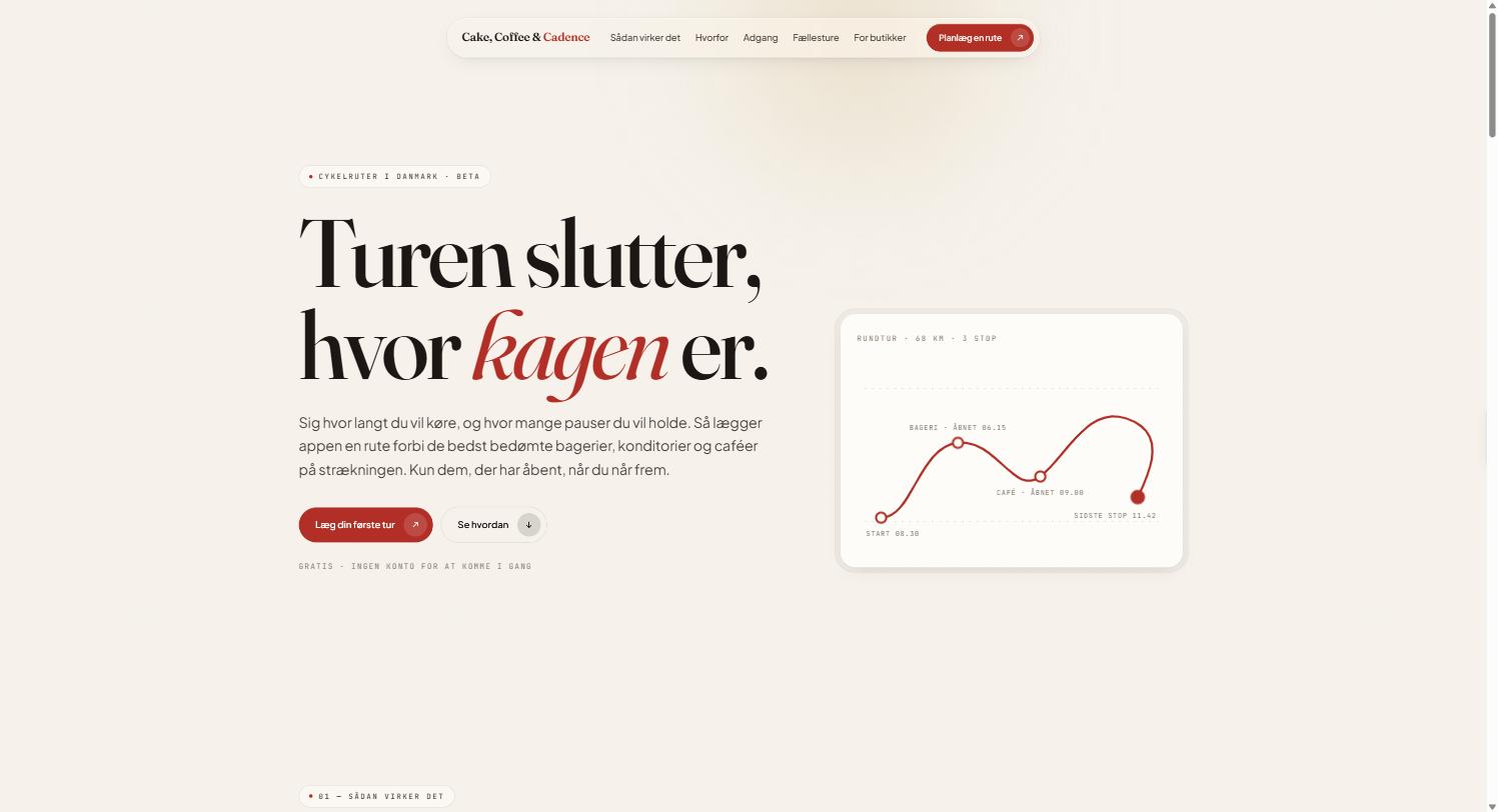 Cake, Coffee & Cadence landing page showing a generated 68 km bakery route with three stops.